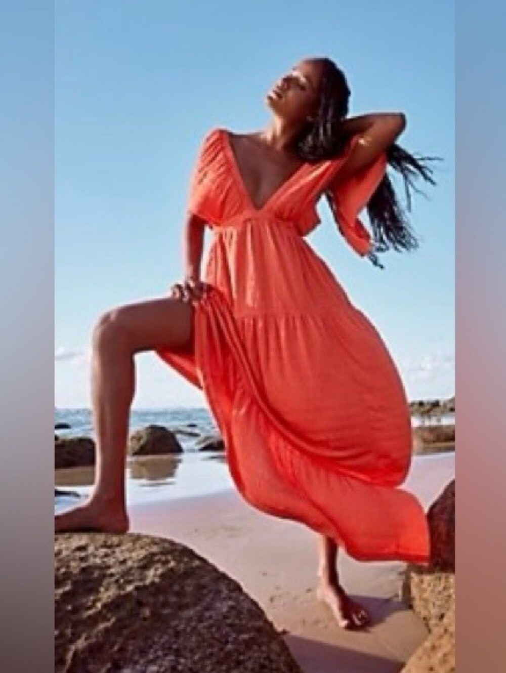 NWT Free People La La Maxi Dress Wild Papaya Orange Tiered Flutter Sz L - Picture 2 of 11